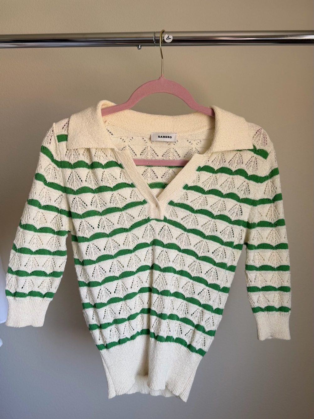 Sandro Paris Pointelle Knit Polo Sweater – Green & Ivory Striped – Size 1 - Picture 2 of 6